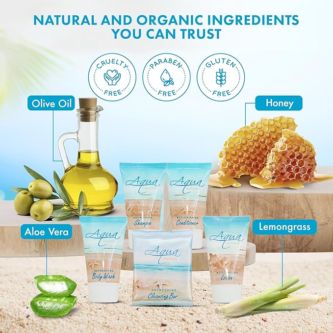 Aqua Organics Amenity & Accessory Kit|1oz Travel Size Shampoo,Conditioner,Lotion,Body Wash,Body Bar, Cleansing Bar, Shave & Dental Sets, Make-Up Remover Wipes & Vanity Kit|60 sets-VivaGrace Women