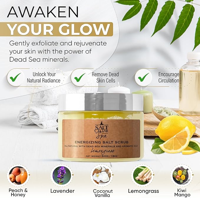 Salt Cellar Spa Energizing Lemongrass Salt Scrub - Awaken Your Skin with Dead Sea Minerals - Revive, Refresh, and Rejuvenate - Made in Israel, Cruelty-Free, 18 oz.-VivaGrace Women