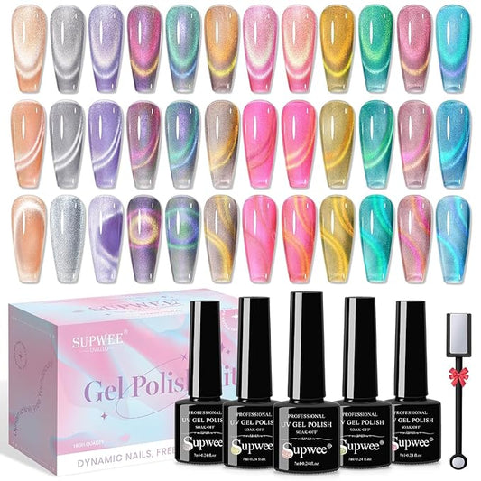 Cat Eye Gel Nail Polish Set- 12 Colors Magnetic Nail Polish Gels Summer Gel Nails Polish with Magnetic Stick Galaxy Effect Soak Off with UV Lamp Gift for Mother's Day