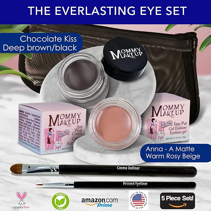 The Everlasting Eye 5 Piece Waterproof Makeup Set. Gel Eyeliner, Creme Eyeshadow, 2 brushes and Mesh Bag. Paraben-free, Talc-free, Cruelty-free. Anna/Chocolate Kiss 1202-VivaGrace Women
