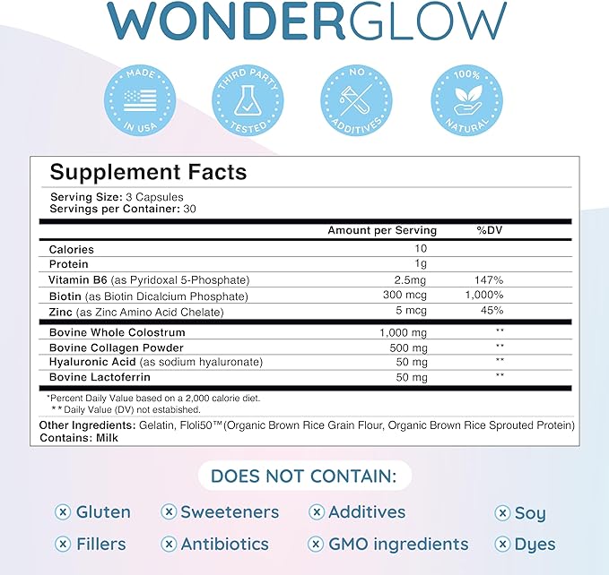 Hair Skin and Nails Vitamins w/Bovine Colostrum, Collagen, Hyaluronic Acid, Biotin, Zinc, & Lactoferrin┃Supports Faster Hair Growth, Stronger Nails and Glowing Skin (30 Servings, Capsule)-VivaGrace Women