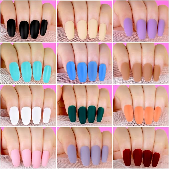 Teenitor Matte Press On Nails Coffin, 288pcs Press On Nails Medium Length Coffin Glue On Nails Set, 12 Color Press On Coffin Nails, Short Coffin Press On Nails With Nail Glue