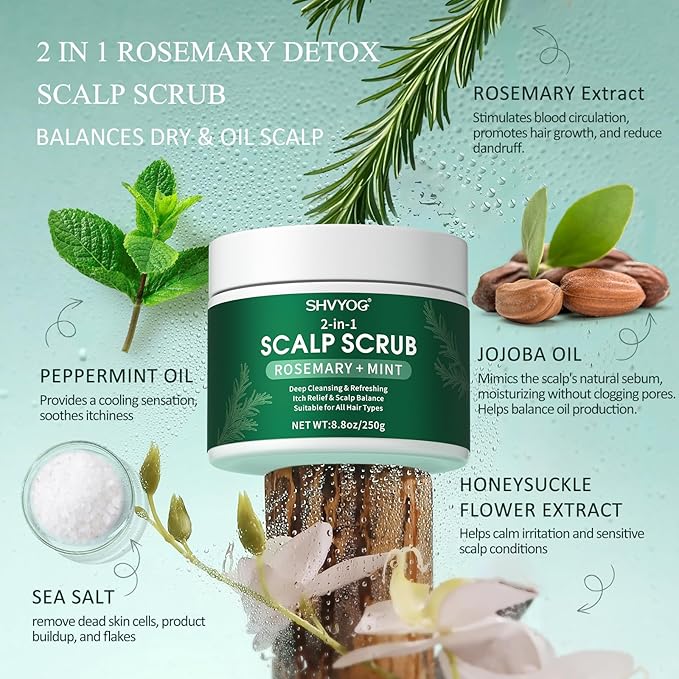 SHVYOG Scalp Scrub, Rosemary Exfoliator Scrub with Peppermint & Sea Salt, Anti-Dandruff Detox Clarifying Exfoliator Shampoo for Deep Scalp Cleanse with Scalp Massager-VivaGrace Women