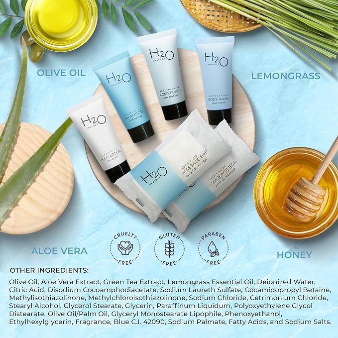 H2O Therapy Amenity & Accessory Kit | 0.85 oz Travel Size Shampoo, Conditioner, Lotion, Body Wash, Massage Bar, Cleansing Bar, Shave & Dental Sets, Make-Up Remover Wipes, & Vanity Kit | 15 sets/case-VivaGrace Women