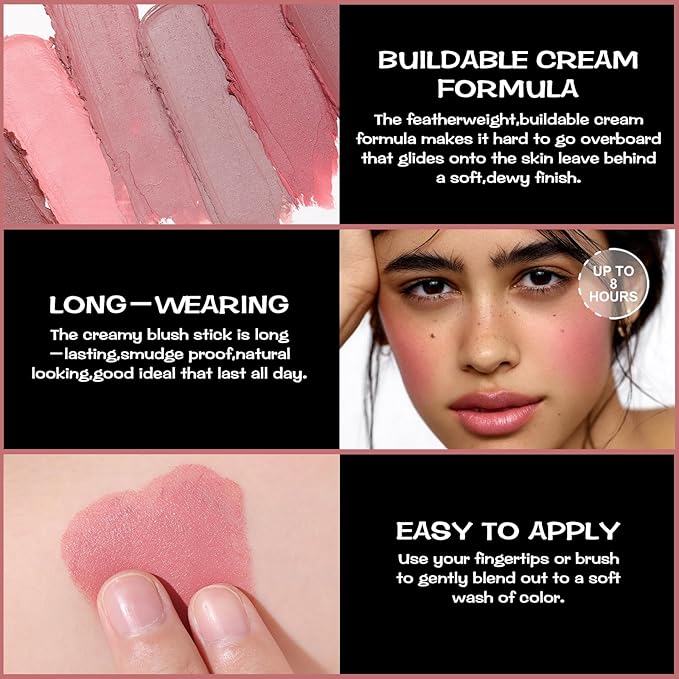FOCALLURE Cream Blush Makeup,Buildable Blush Stick for Cheeks,Matte and Dewy Finish,Long Wearing,Easy Application,Lightweight Multi Stick,ROSE FLUSH-VivaGrace Women