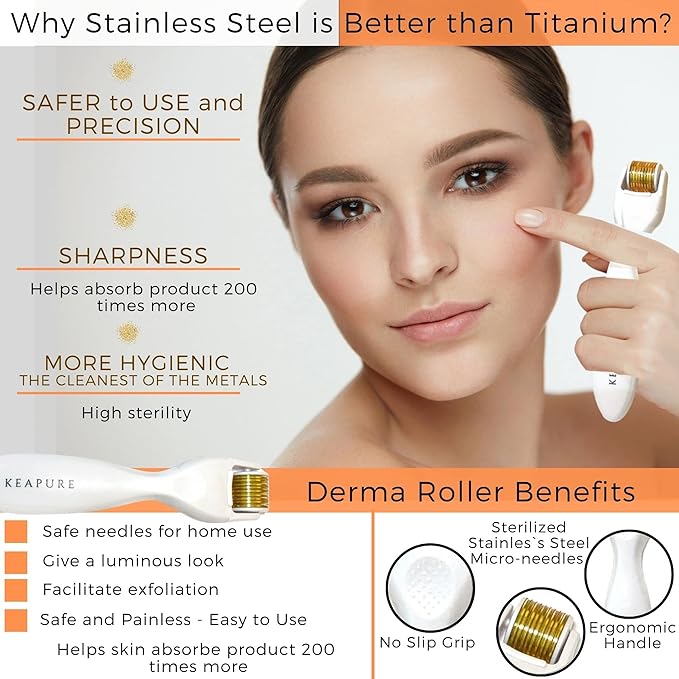 Derma Roller Kit for Face, Body, Stretch Marks - Skin Care Kit 540 Microneedle Roller Heads 180-Eyes, 600-Face,1200-Body | 30gm Moisturizing Cream and 25% Vitamin C Serum | Microneedling Roller Set-VivaGrace Women