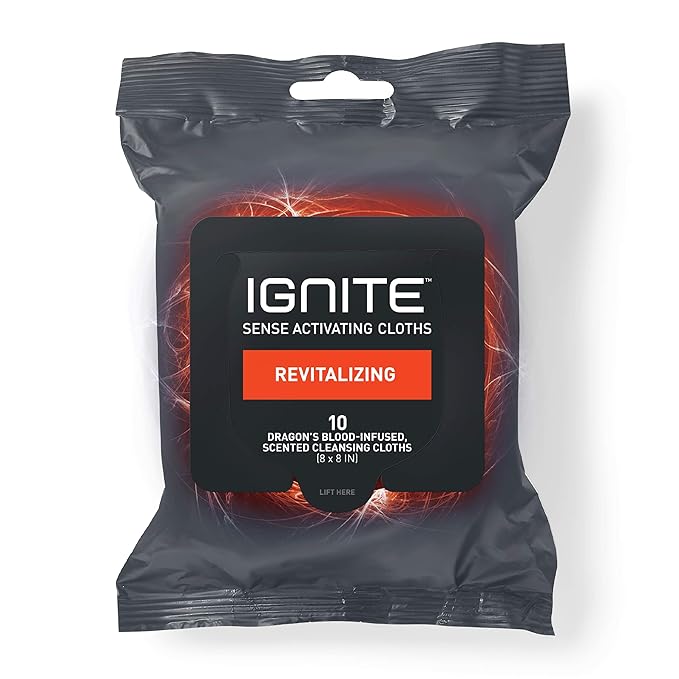 Ignite Mens Body Wet Wipes, Extra Thick 8" x 8" Shower Wipes, Revitalizing Scent, 10 Count