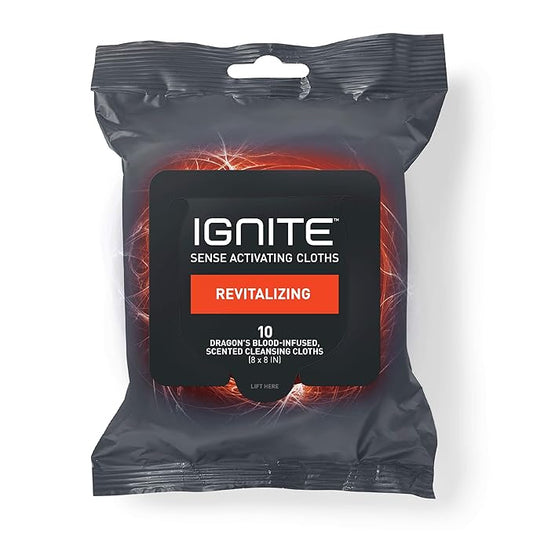 Ignite Mens Body Wet Wipes, Extra Thick 8" x 8" Shower Wipes, Revitalizing Scent, 10 Count