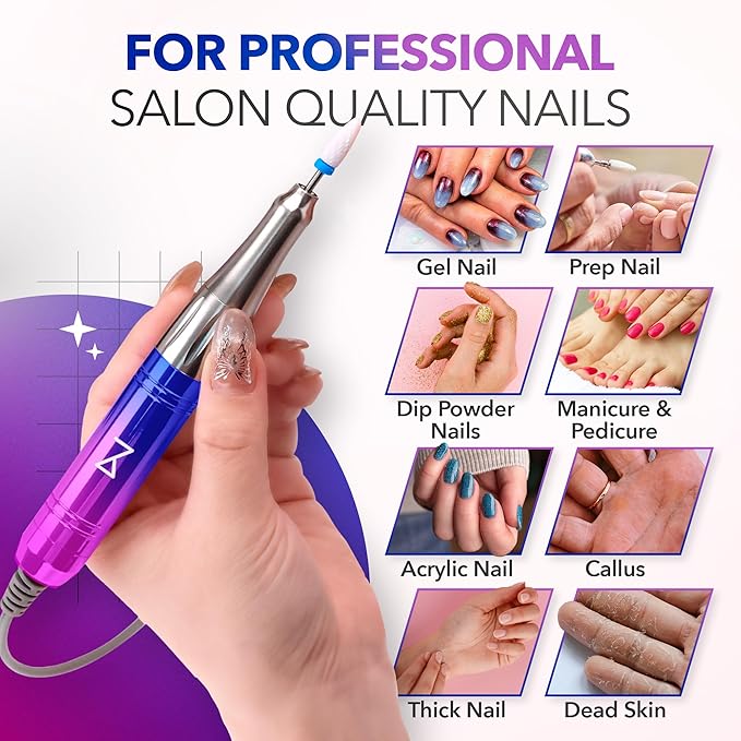 M Mase- Professional Nail Drill Machine - Coreless 2-in-1 Nail File - Electric, Cordless, 35000 RPM, HD Display - Electric Nail Drill for Professional & Home Use (Unicorn Pink Blue)-VivaGrace Women