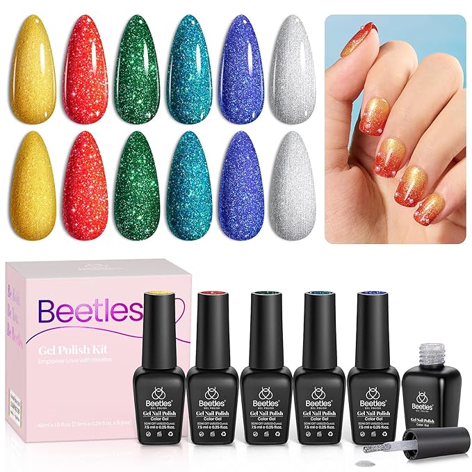 Beetles Glitter Gel Nail Polish, 6 Colors Red Green Gel Nail Polish Set Soak Off Uv LED Nail Lamp Reflective Glitter Nail Art DIY Home Nails Manicure Gifts for Women Her Girls-VivaGrace Women