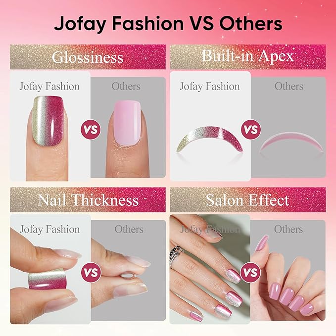 Press on Nails Short, Jofay Fashion Fake Nails, Two-color Ombre Cat Eye Press on Nails, Summer Acrylic False Nails, Reusable Stick on Nails for Women Girls, Glue on Nails Kit 32 Pcs, Cherry Sparkle