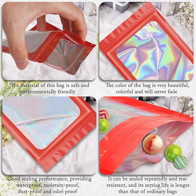 100 Pieces Smell Proof Mylar Resealable Bags, Holographic Packaging Bags, Resealable Odor Foil Pouch Zip Bag with Clear Window for Food Storage and Lipgloss, Jewelry Lash (Red, 3.5 x 6.3 Inch)-VivaGrace Women