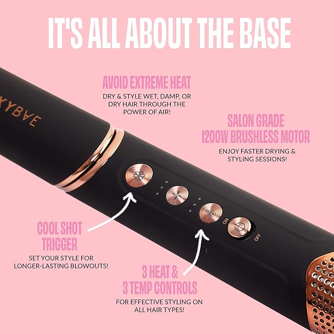 FoxyBae Super Styler Pro Interchangeable 5 in 1 Hair Styler Wand Curling Iron Set - w/Drying Cylinder, Ceramic Blowout & Round Brushes, 2 Auto-Wrap Curlers - Frizz-Free, Smooth Hair [Black Rose-Gold]-VivaGrace Women