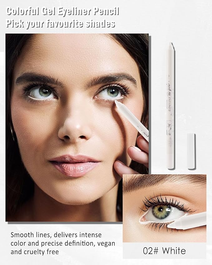 White Eyeliner For Waterline, Cream Gel Eyeliner Waterline Waterproof Smudge-Proof Eye Liner Pen, Safe for Sensitive Eyes, Matte Rich Color Eye Brightener Colored Eyeliner Pen Makeup with Sharpener-02