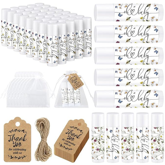 Demissle 50 Pcs Baby Shower Lip Balm Gift Set with 100 Pcs Organza Bags Baby Shower Party Favor for Guest Thank You Tag Rope Baby Shower Party Decoration Gender Reveal Souvenirs(Purple Flower)-VivaGrace Women