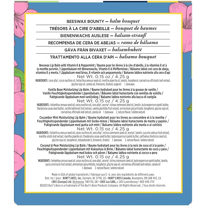 Burt's Bees Lip Balm Mothers Day Gifts for Mom - Balm Bouquet Set, Original Beeswax, Vanilla Bean, Cucumber Mint, Coconut & Pear Pack, Natural Origin Lip Treatment With Beeswax, 4 Tubes, 0.15 oz.-VivaGrace Women