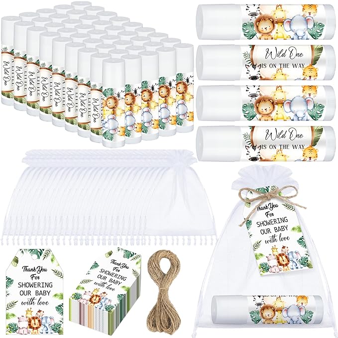 Dunzy 50 Pack Baby Shower Party Gifts Favors Bulk Lip Balms for Guests Boys Girls Games Neutral Gender Reveal Favors Baby Shower Prizes Souvenirs Bags Stuffer(Jungle Animal)-VivaGrace Women