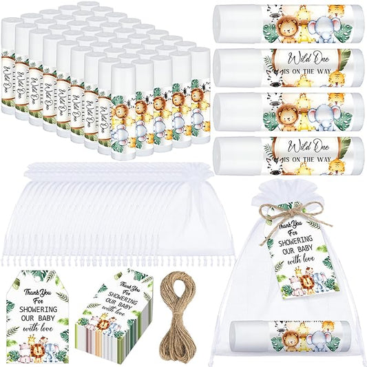 Dunzy 50 Pack Baby Shower Party Gifts Favors Bulk Lip Balms for Guests Boys Girls Games Neutral Gender Reveal Favors Baby Shower Prizes Souvenirs Bags Stuffer(Jungle Animal)-VivaGrace Women