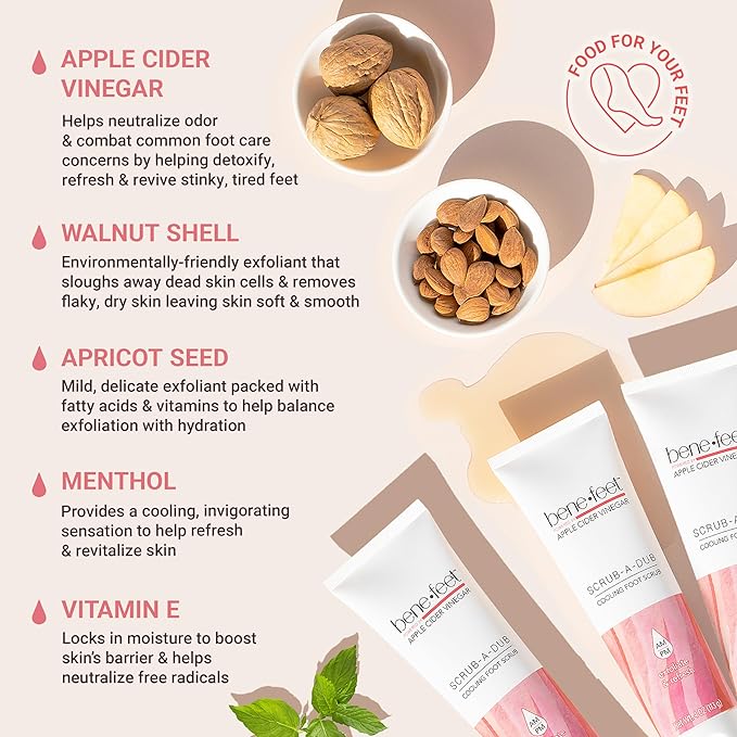 Benefeet Scrub-A-Dub Cooling Foot Scrub - Exfoliates + Refreshes Dry + Dull Skin, Get Smoother Skin from Heel to Toe, Made w/Vitamin E, Apple Cider Vinegar, Walnut Shell + Apricot Seed, 4 oz (3 Pack)-VivaGrace Women