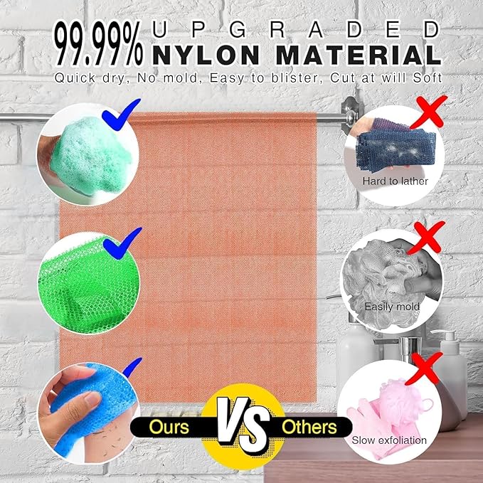 UJFQBH 3 Pieces African exfoliating net African Net Long Net Bath Sponge Exfoliating Shower Body Scrubber Back Scrubber Skin Smoother,Great for Daily Use (Yellow, Green, Blue)-VivaGrace Women