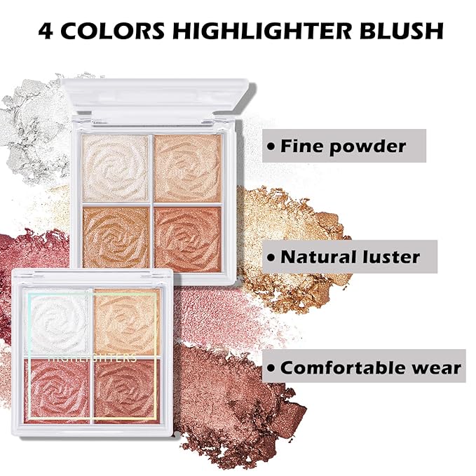Boobeen Blush and Highlighter Palette- 4-color Metallic Shimmer Shadow Powder, Illuminator Makeup Set for Shading, Highlighting & Defining the Face-VivaGrace Women