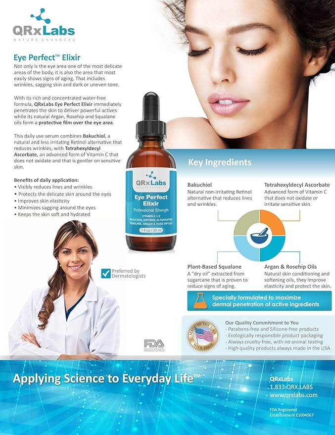 Eye Perfect Elixir - With Bakuchiol (Retinol Alternative), Pure Argan and Rosehip Oils, Squalane, Vitamin C & E - Best Anti-Aging Treatment Serum for Bags, Puffiness, Wrinkles, Crow Feet-VivaGrace Women