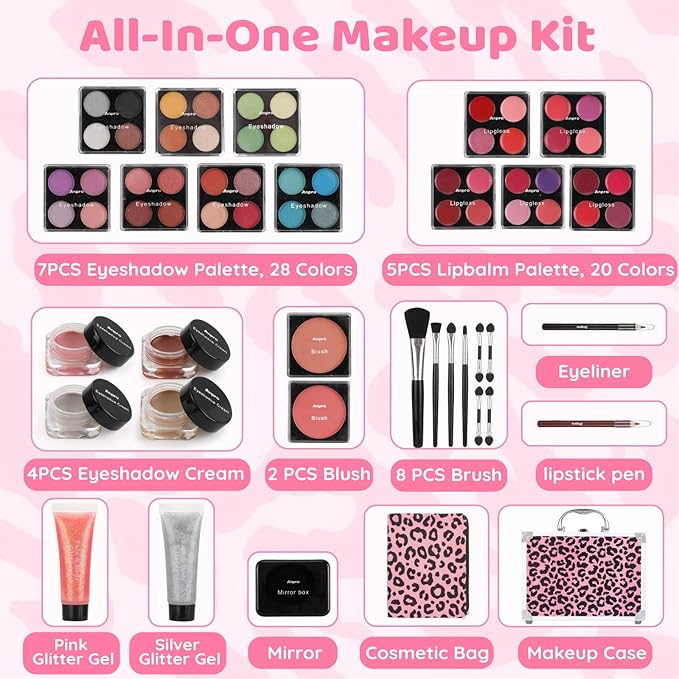 Anpro All-In-One Leopord Double Folding Makeup Carry Case with Pro Teen Makeup Set, Full Starter Kit with Makeup Brushes, Lipsticks, Eyeshadow Palette, Blushes, Glitter Gel, Ideal Present for Girls-VivaGrace Women