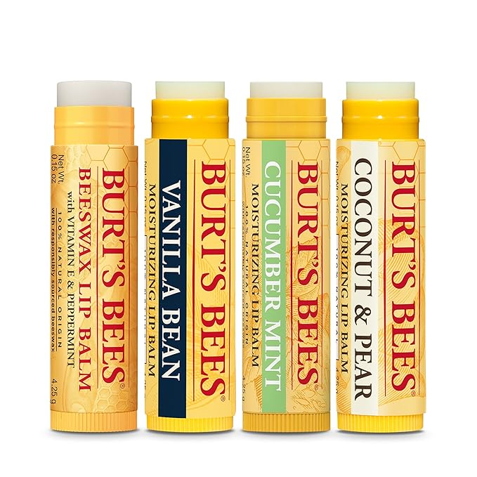 Burt’s Bees Holiday Gift, 4 Lip Balm Stocking Stuffer Products, Beeswax Bounty Assorted Set - Original Beeswax, Vanilla Bean, Cucumber Mint & Coconut Pear (Old Verison)-VivaGrace Women