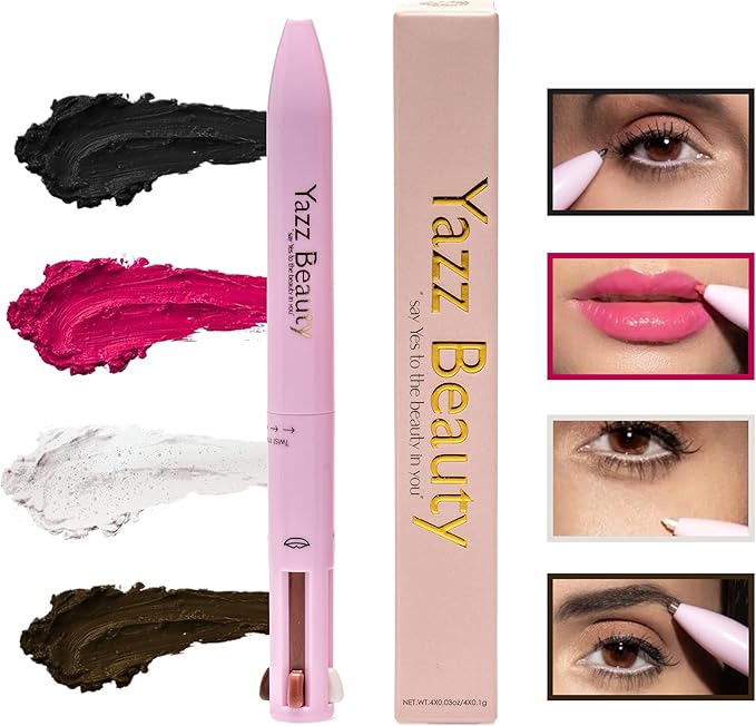 YazzBeauty - 4 in 1 Makeup Touch Up Pen with Hot Pink Lip Liner, Black Eyeliner, Dark Brown Eyebrow Pencil, and Shimmer White Highlighter, Compact Beauty Pen, Smudge Proof, Vegan, Cruelty-Free