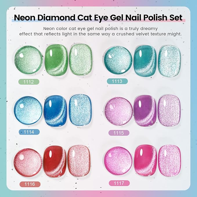 RARJSM Neon Diamond Cat Eye Gel Nail Polish Set 6 Colors Velvet Silver Glitter Bright Green Lake Blue Red Rose Purple Gel Polish with Magnet Stick UV LED Curing Requires Soak Off Home Salon Diy-VivaGrace Women