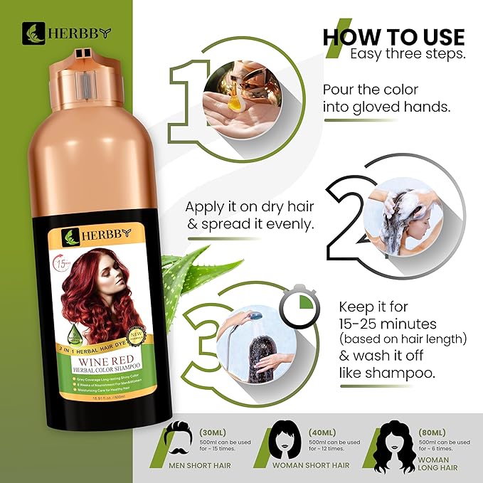 Hair Color Shampoo for Gray Hair Coverage&Color Transform with 9 Herbal Extracts –Long Lasting(6-8 Weeks),Shiny,Evenly Colored,Instant Hair Dye Shampoo&Conditioner, 500 Ml (WINE RED COLOR)-VivaGrace Women