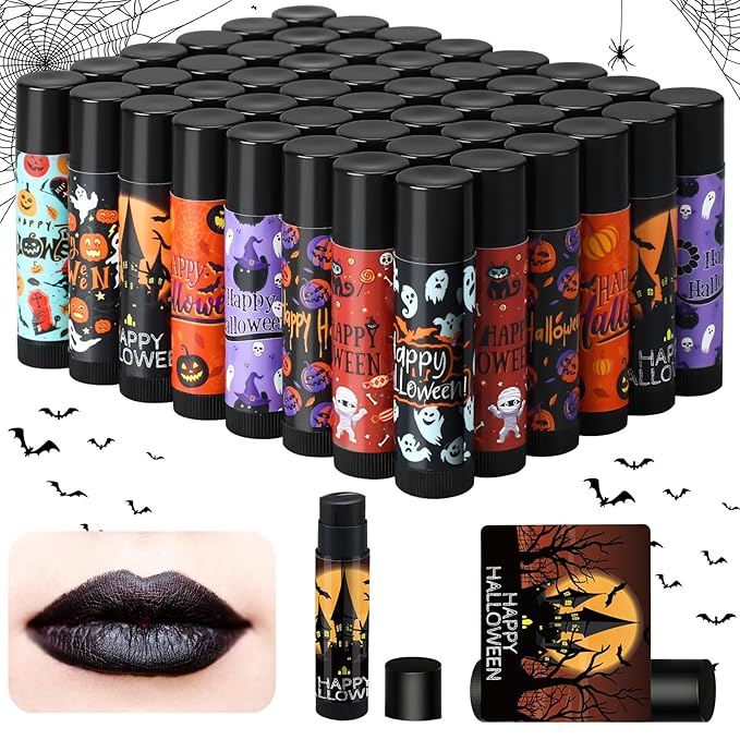 48 Pcs Halloween Spooky Lip Balm Gifts Bulk Black Lip Moisturizers Makeup Lipstick Ghost Spiderweb Skull Bat, Honey Flavor for Halloween Party Treat Bag Stuffers Women Men Adults-VivaGrace Women