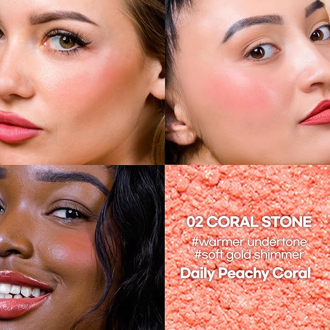 Hope Girl 3D Powder Blusher 0.17oz | Skin-Loving Korean Mini Blush for Cheeks and Eye Makeup w/Allantoin | K Beauty Cool Toned Vibrant Sunkissed Fine Powder Makeup Blush Cosmetics (#02 Coral Stone)-VivaGrace Women