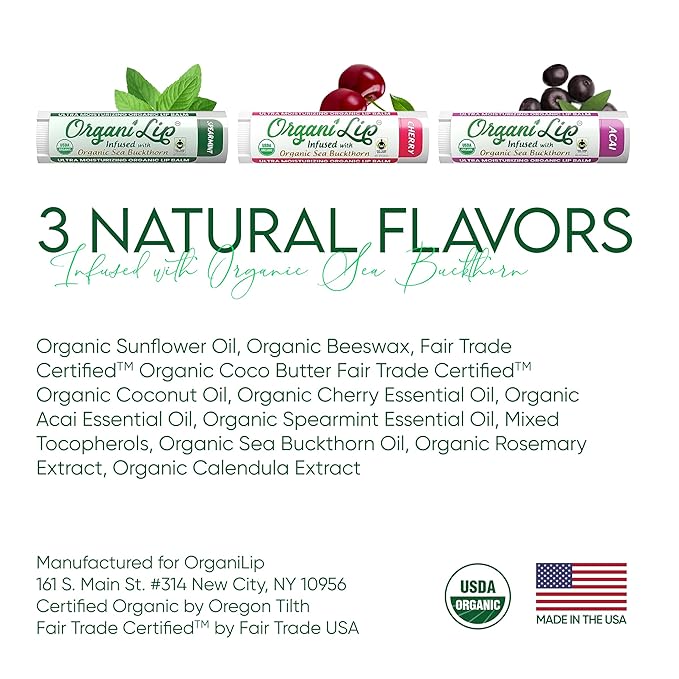 OrganiLip Organic Lip Balm, Variety3 Pack (Spearmint, Cherry, Acai), Ultra Hydrating Lip Moisturizer for Dry Lips, USDA Certified Organic,-VivaGrace Women