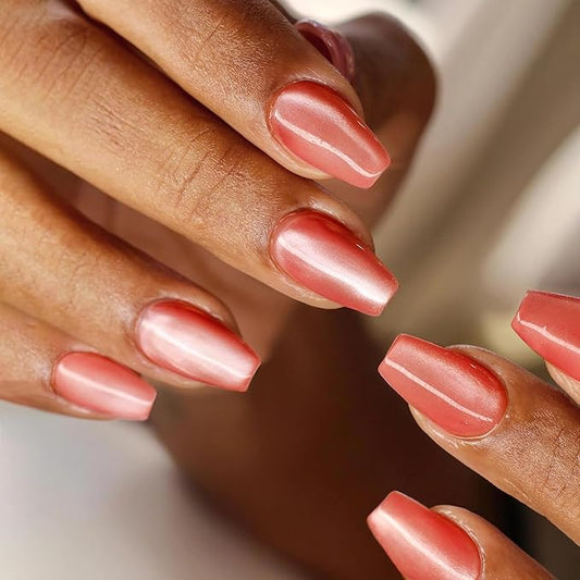 Press on Nails Coffin - Salmon Red Cat Eye Fake Nails Medium Acrylic Full Cover Glue on Nails in 12 Sizes - 24 Piece Nail Kit，Natural Fit for Women & Girls Daily Wear