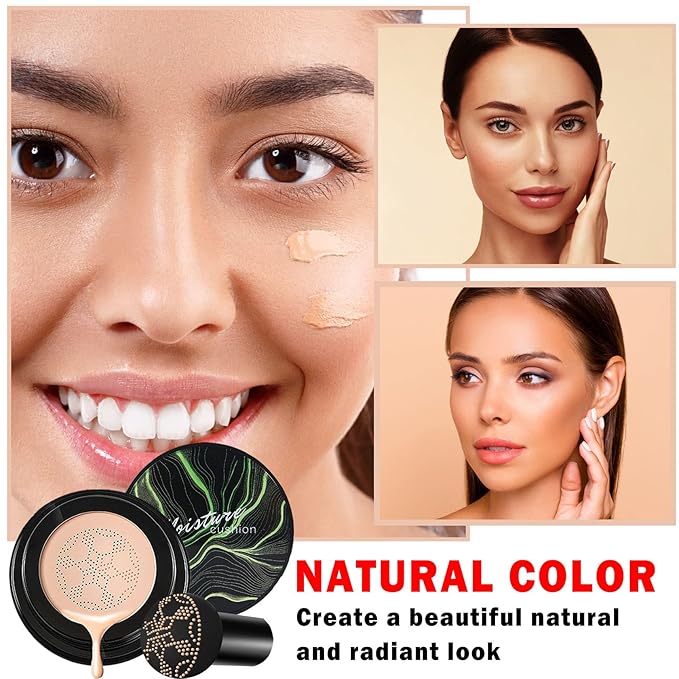 2PCS Mushroom Head Air Cushion CC Cream BB Cream Foundation,Moisturizing Concealer Makeup Base Foundation,Long Lasting Full Coverage Foundation with Mushroom Makeup Sponge(Natural)-VivaGrace Women