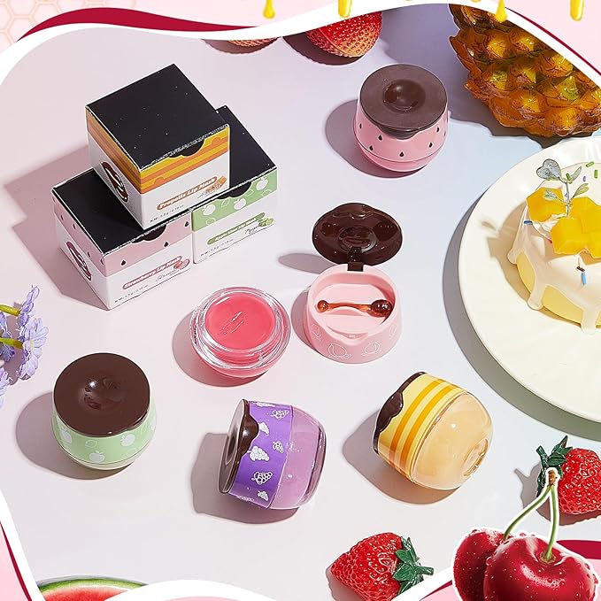 12 Pcs Bee Lip Balm Honey Pot with Brush Propolis Lip Mask Overnight, Moisturizing Hydrating Lip Sleeping Mask Prevention Dry and Cracked(Honey+Peach+Grape+Strawberry+Apple Lime+Mint)-VivaGrace Women