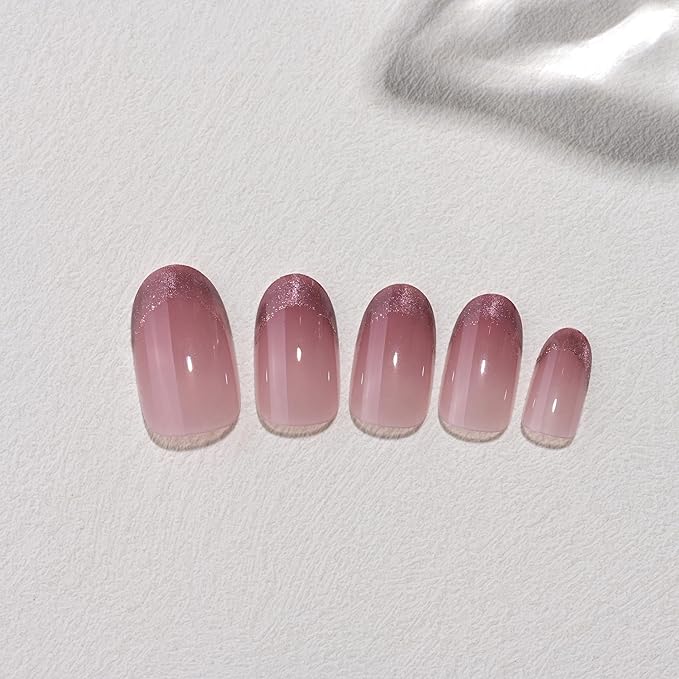 Ombre French Press On Nails Short Almond 24 Pcs, Cat Eye Designer Reusable Acrylic Fake Nails with Glue, Glossy Soft Gel Nails Wedding and Party, Stick On Glue On Nails, Nial for Women Gift