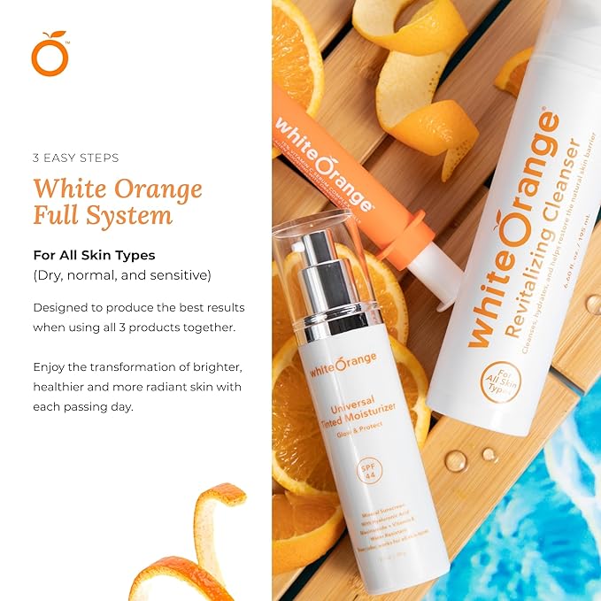 White Orange Full System 3 Step Skincare Routine Premium Anti-Aging Regimen Bundle For Healthy Glowing Skin - Revitalizing Cleanser, Advanced Vitamin C Serum & Universal Tinted Moisturizer with SPF 44-VivaGrace Women