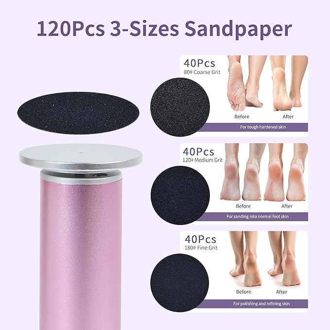 Electric Foot Callus Remover with 120pcs Sandpaper Discs(3 Sizes), Professional 800RPM Aluminum 4.8 Inches Callus Remover for Feet, Stepless Speed Control for Dead Skin (Purple)-VivaGrace Women