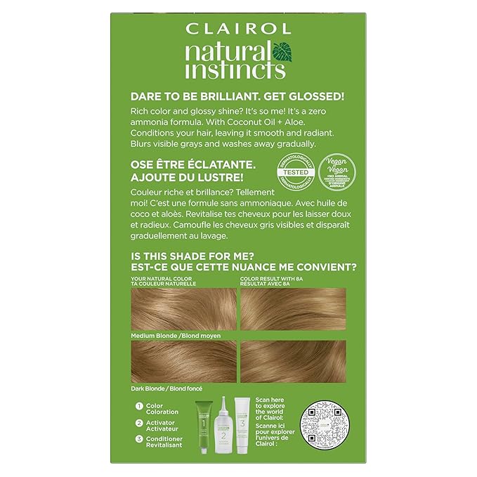 Clairol Natural Instincts Demi-Permanent Hair Dye, 8A Medium Cool Blonde Hair Color, Pack of 3-VivaGrace Women