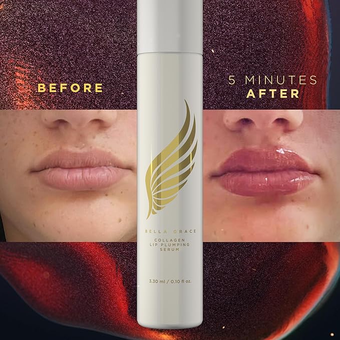 Bella Grace Vegan Collagen Lip Plumper Serum, Vitamin E, Peptides, Hydrating Lip Care Fuller Plumper Looking Lips, Supports Wrinkles, Fine Lines, Elasticity, Paraben, Sulfate & Cruelty Free, 0.1 fl oz-VivaGrace Women