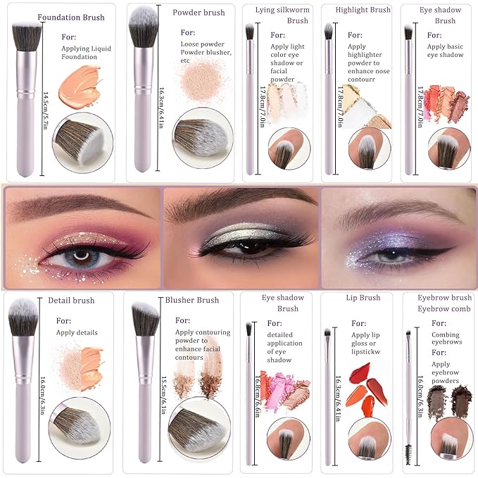 10 Piece Purple Makeup Brushes Set and 3 Piece Makeup Sponge - Wooden Handle with Soft Synthetic Bristles, for Face & Eye Makeup | Professional Cosmetic Brushes | Includes Travel Pouch-VivaGrace Women