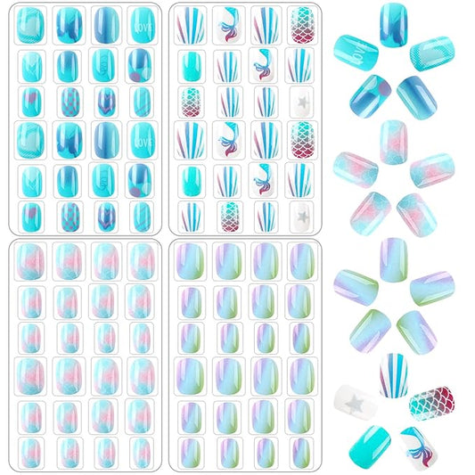 JANYUN 96 Pcs Kids False Nails - Press On, Full Cover, Short Nails in Blue Theme for Little Girls' Nail Art Decoration