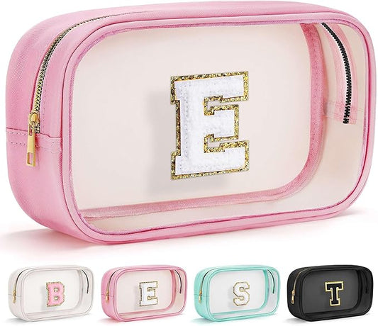 YOOLIFE Initial Make Up Bag Travel Toiletry Bag, Clear Makeup Bag Preppy Cosmetic Bags Organizer Travel Essentials Pink Gifts for Women Teen Girlfriend Teacher Mom Birthday Mothers Day Gifts E-VivaGrace Women