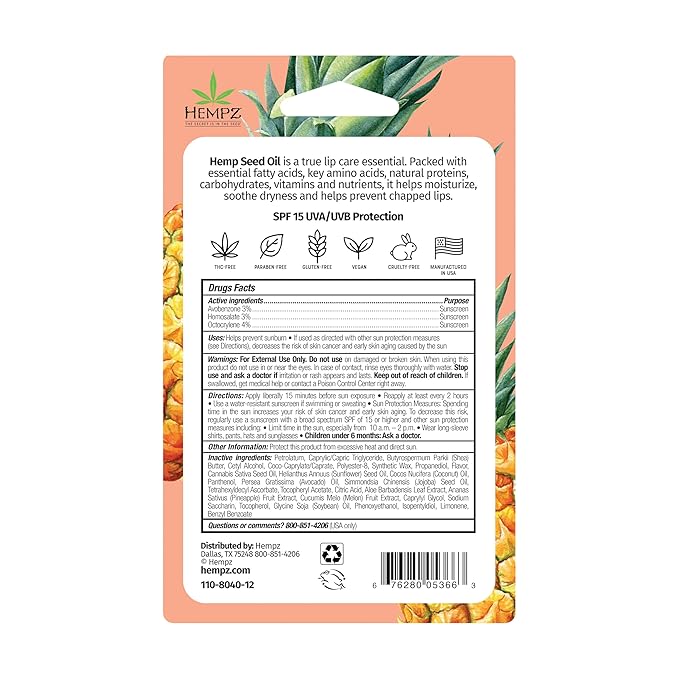 Hempz SPF 15 Lip Balm, Sweet Pineapple & Honey Melon Herbal Soothing Lip Care, for Men or Women .44 oz.-VivaGrace Women