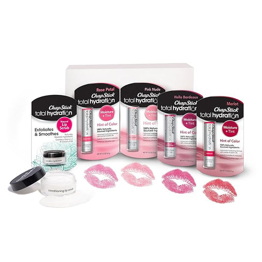 ChapStick Total Hydration Tinted Lip Balm Tubes and Lip Scrub Regimen Pack, Tinted Lip Moisturizer and Exfoliator - 0.12 Oz Lip Balm (4 Count) and 0.27 Oz Lip Scrub-VivaGrace Women