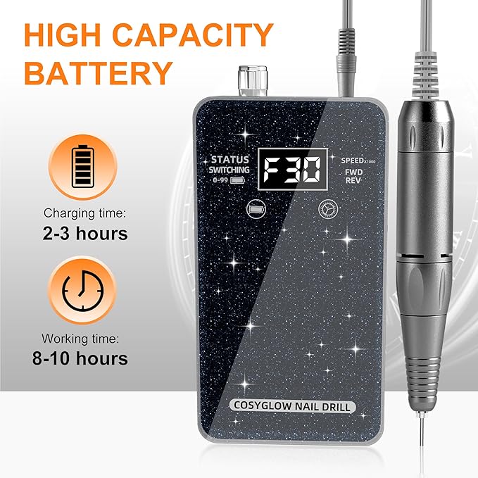 Professional Electric Nail Drill File:COSYGLOW Glitter Portable Cordless E-File Nail Drill Kit with 11 Drill Bits,30000 RPM Rechargeable Nail Drills Machine for Acrylic Nails Gel Polishing(Black)-VivaGrace Women