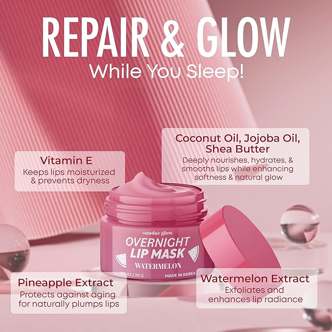 Watermelon Lip Mask - Dermatologist Tested, Anti-Aging, Korean Skin Care, Deep Hydration, Overnight Lip Repair - Vegan, Clean Beauty, 95% Natural, Cruelty-Free - 1 Pack-VivaGrace Women