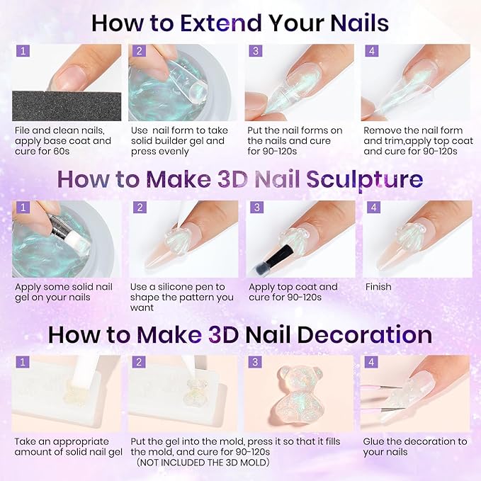 MIZHSE Solid Builder Gel for Nails - 30g/1oz Purple Mermaid Hard Gels for Nails 3D Gel with Dual Forms 3D Sculpting Pen Soak off U V Nail Builder Gels for Extension 3D Nail Art Women-VivaGrace Women